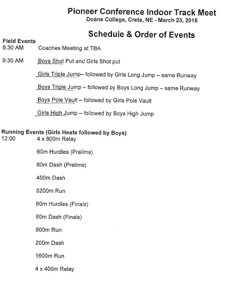 Diller-Odell - Pioneer Conference Indoor Track Meet at Doane-March 23rd